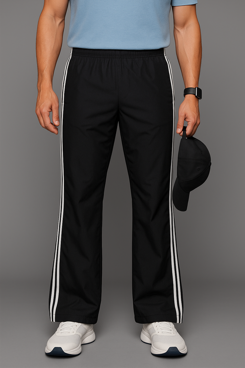 Stylish Black 3-Stripe Nylon Track Pant — Elastic Waist + BEL-Button Fit