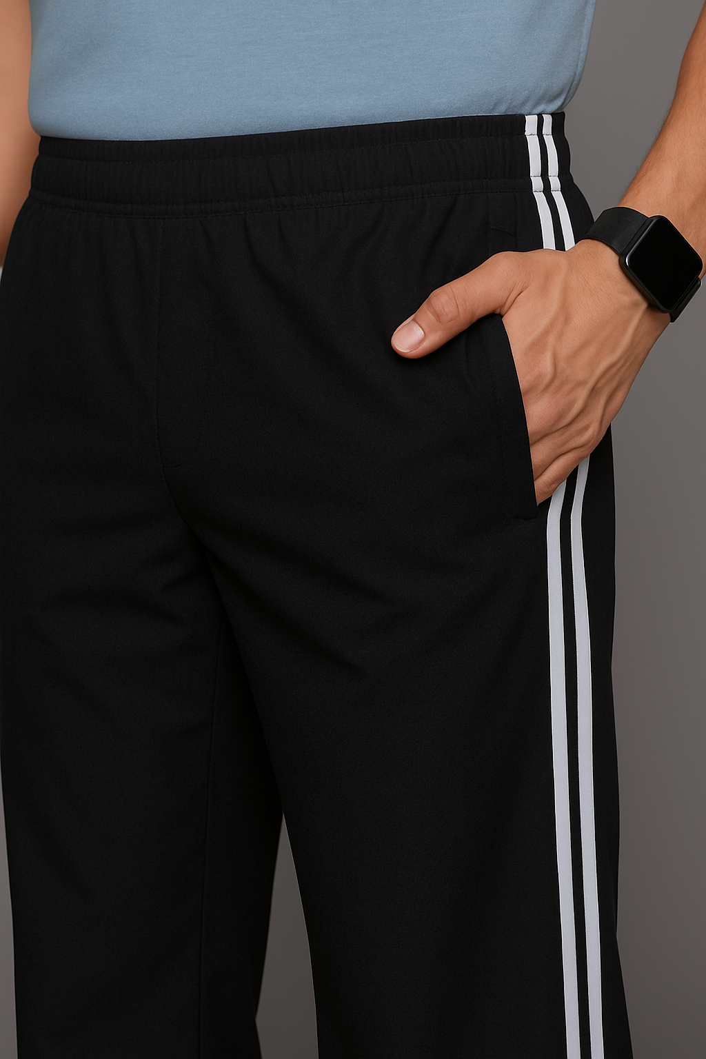 Stylish Black 3-Stripe Nylon Track Pant — Elastic Waist + BEL-Button Fit