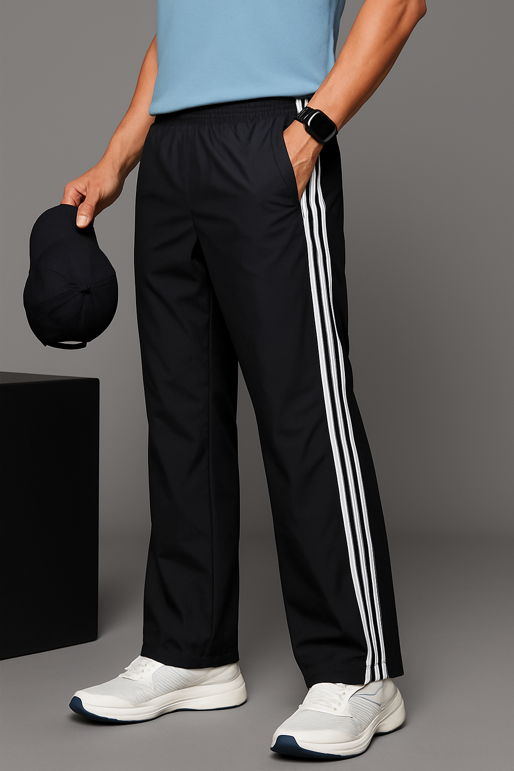 Stylish Black 3-Stripe Nylon Track Pant — Elastic Waist + BEL-Button Fit