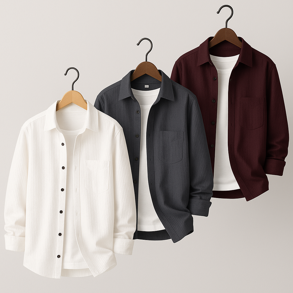 Men's 3 Shirt Combo – Black, White & Navy | Stylish Popcorn Fabric
