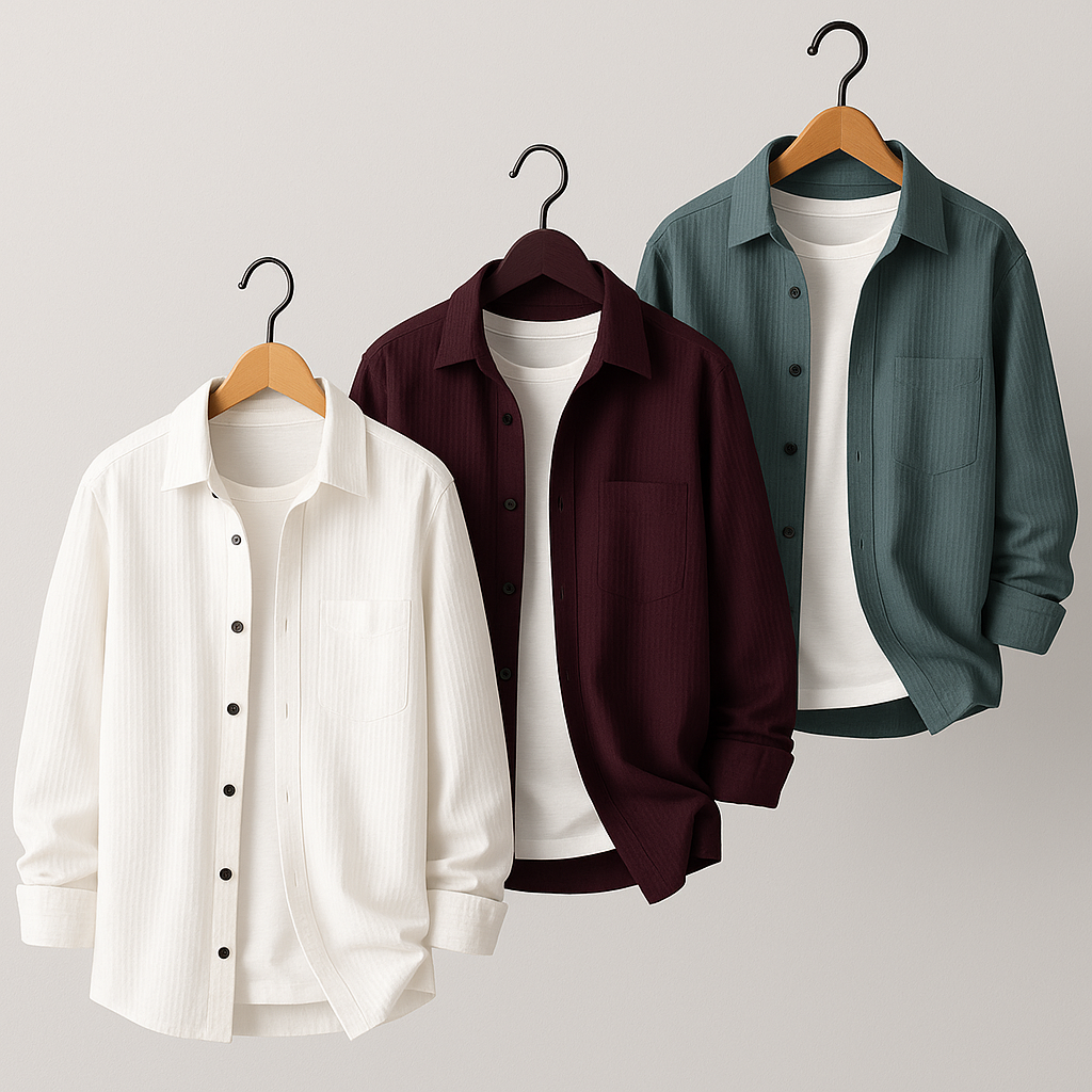 Men's 3 Shirt Combo – Black, White & Navy | Stylish Popcorn Fabric