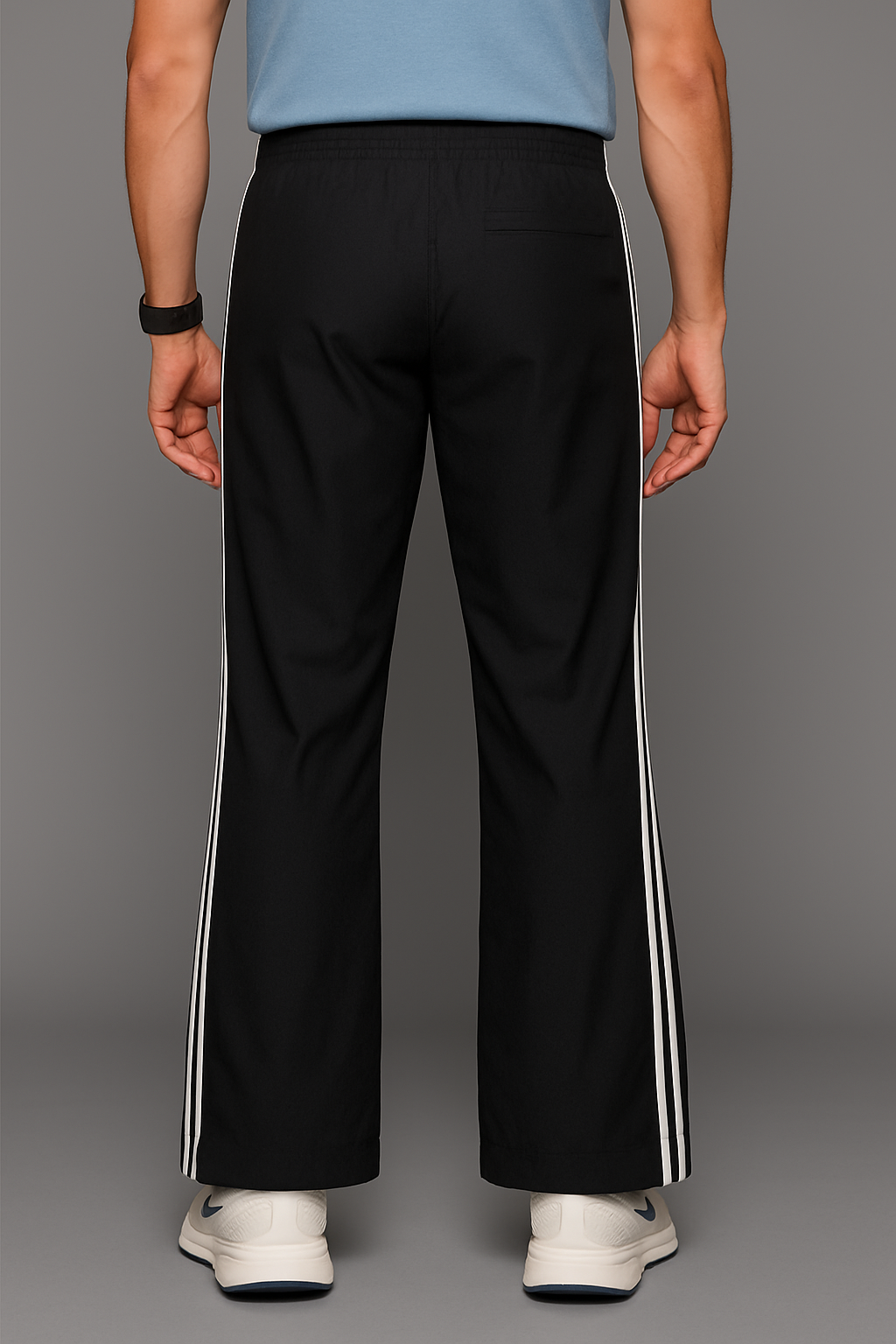 Stylish Black 3-Stripe Nylon Track Pant — Elastic Waist + BEL-Button Fit